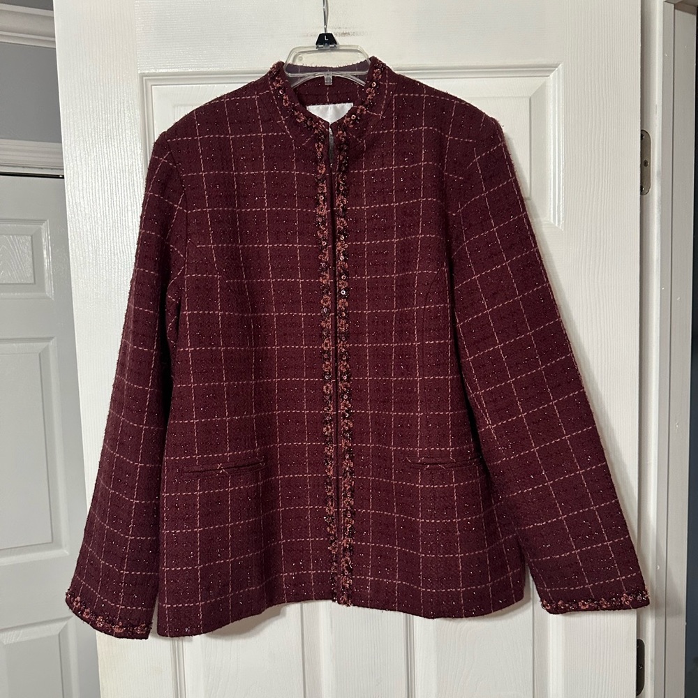 NWT Susan Graver Style Windowpane Pattern Beaded Blazer